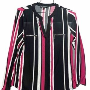 Women's INC Pink With Black striped Long Sleeve V Neck Blouse Petites Size 3X
